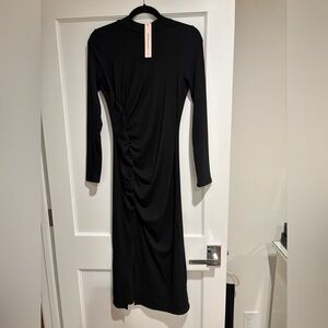 Aqua Black Long Sleeve Ruched Dress